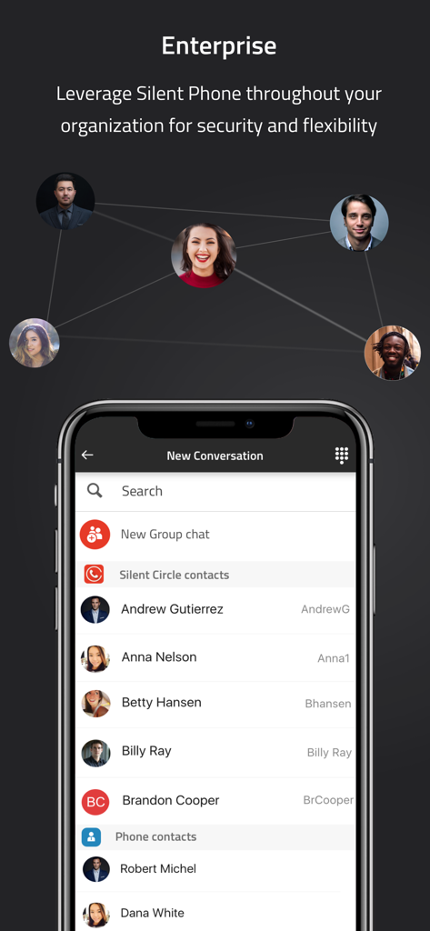 Silent Phone - Silent Phone app showing the enterprise new conversation screen and a network of professional contacts.