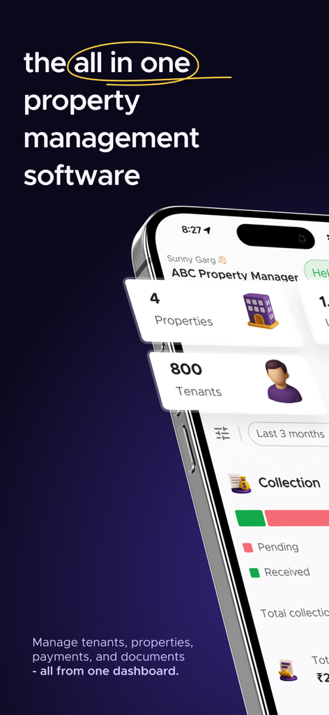 Crib: Property Management App - Panel de la aplicación de gestión de propiedades Crib que muestra estadísticas de propiedades e inquilinos