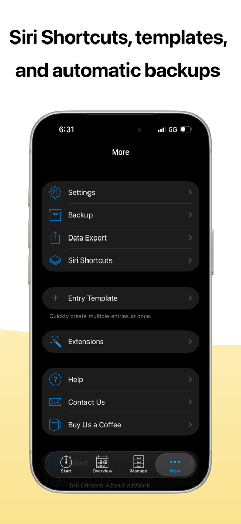 atWork Hours & Pay Tracker - Menu aggiuntivo dell'app atWork che mostra scorciatoie Siri, modelli e opzioni di backup dei dati