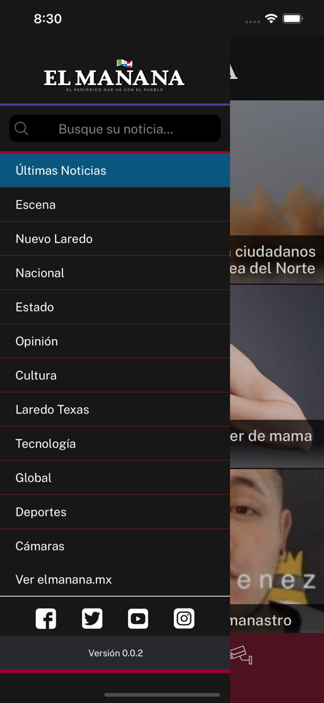 El Mañana de Nuevo Laredo - Menú de navegación de la aplicación de noticias El Manana de Nuevo Laredo mostrando varias categorías como Nuevo Laredo y Laredo Texas