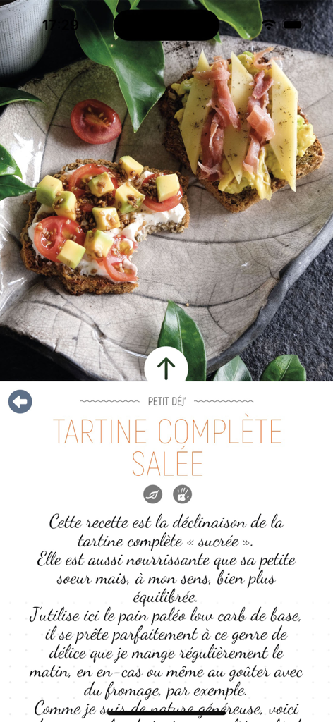 Flexi Food - Una gourmet tartina salada con aguacate y tomates sobre pan paleo, como se presenta en la aplicación Flexi Food.