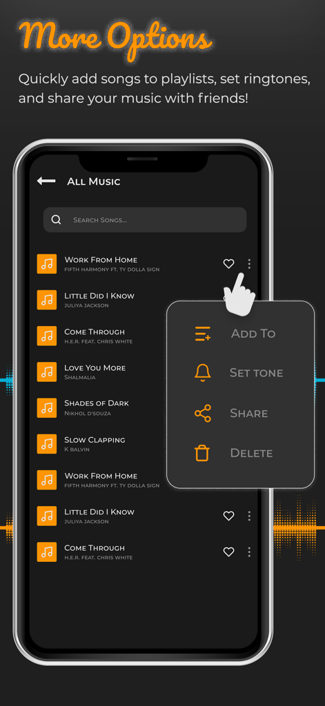 Split Music Player app screen showing the more options menu for a song including add to playlist and share