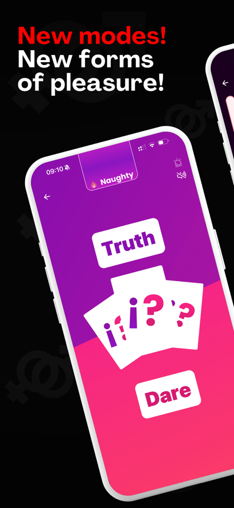 Mobile Oberfläche der Paarspiele-App, die Wahrheit oder Pflicht-Karten im Naughty-Spielmodus zeigt