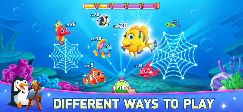 Bingo Vacation - Bingo Games - A colorful underwater mini game screen in Bingo Vacation showing various fish with level tags and different ways to play