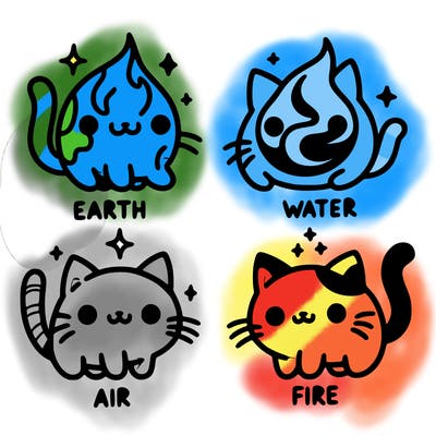4 cats that represent the different elements, earth, water, air, and fire