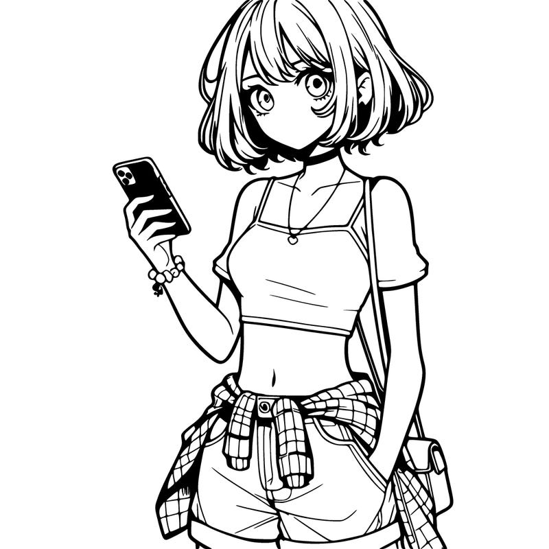 anime teenager girl in crop top with phone