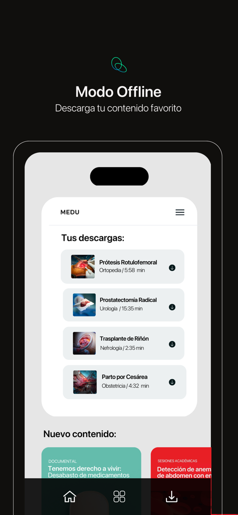 Medu - Interfaz de la aplicación médica Medu mostrando el modo sin conexión y una lista de videos quirúrgicos descargados