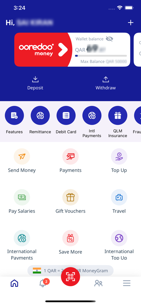 Haupt-Dashboard der Ooredoo Money Mobile App mit Guthaben und verschiedenen Symbolen für Finanzdienstleistungen