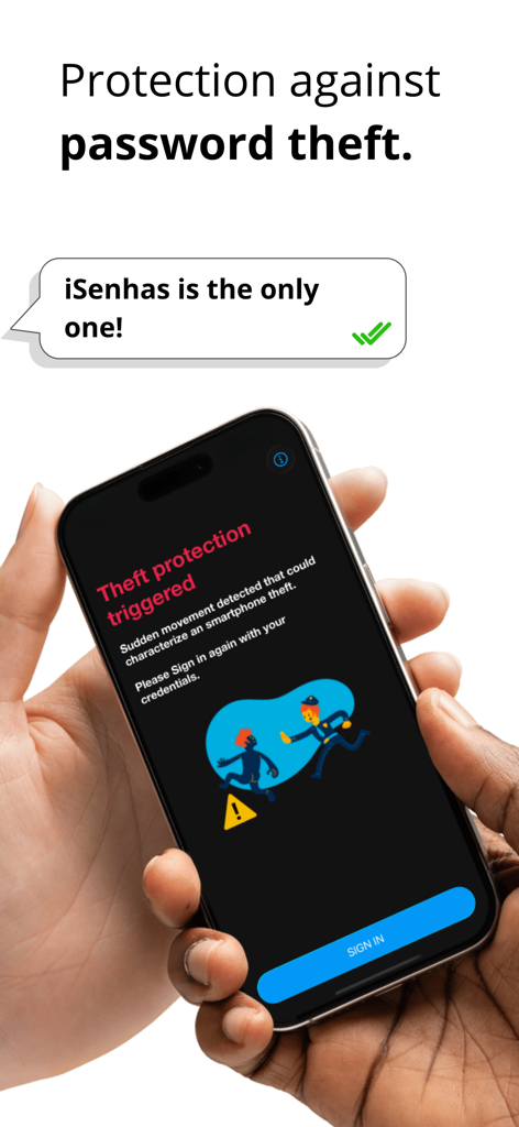 iSenhas - Password Manager - Pantalla de smartphone del gestor de contraseñas iSenhas que muestra una alerta antirrobo activada por un movimiento brusco