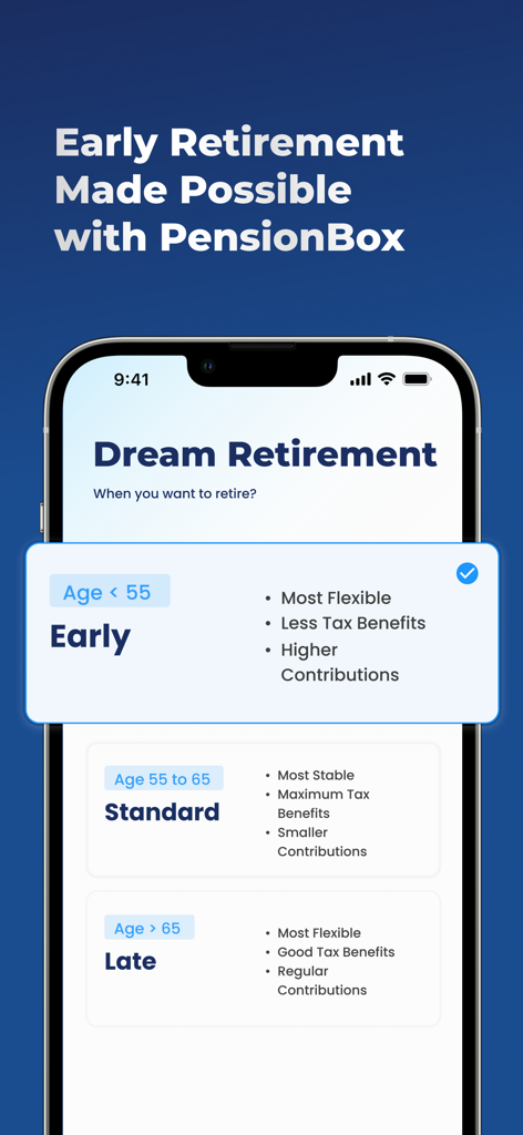 NPS by PensionBox - NPS by PensionBox mobile app screen showing options for early standard and late retirement based on age