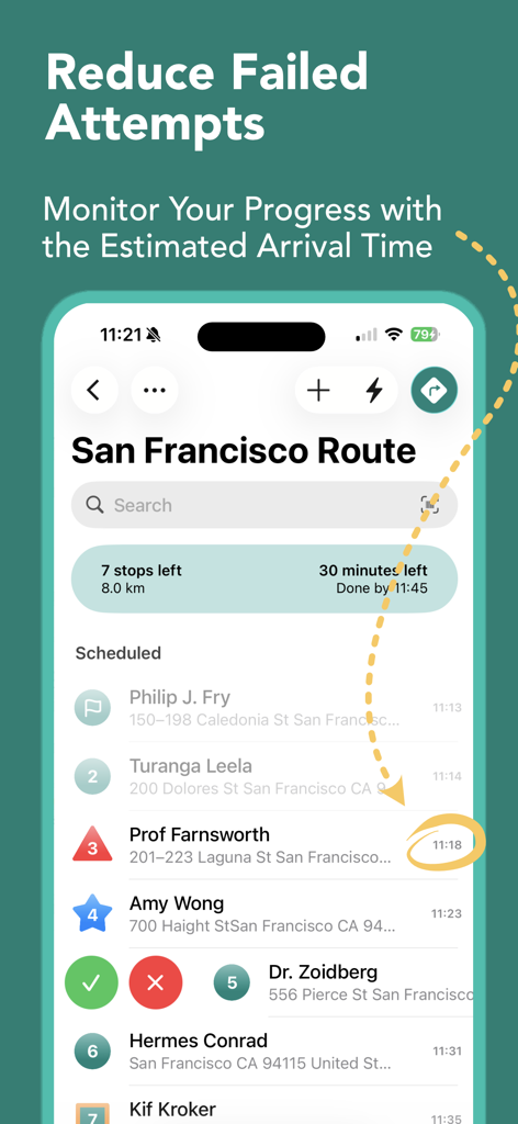 Droppath Route Planner - Interfaz de la aplicación Droppath mostrando el progreso de la entrega y los tiempos estimados de llegada para múltiples paradas en una ruta de San Francisco