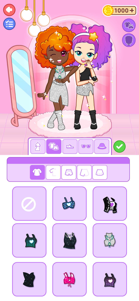 Two cartoon girls in glittery outfits within a dress-up game interface showing clothing selection menus.