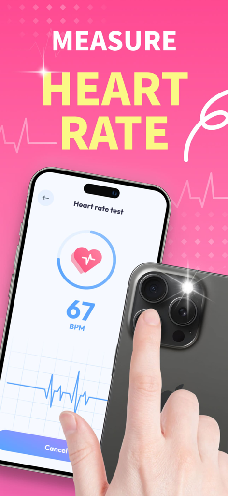 Smartphone app measuring heart rate using a finger on the camera lens showing 67 BPM