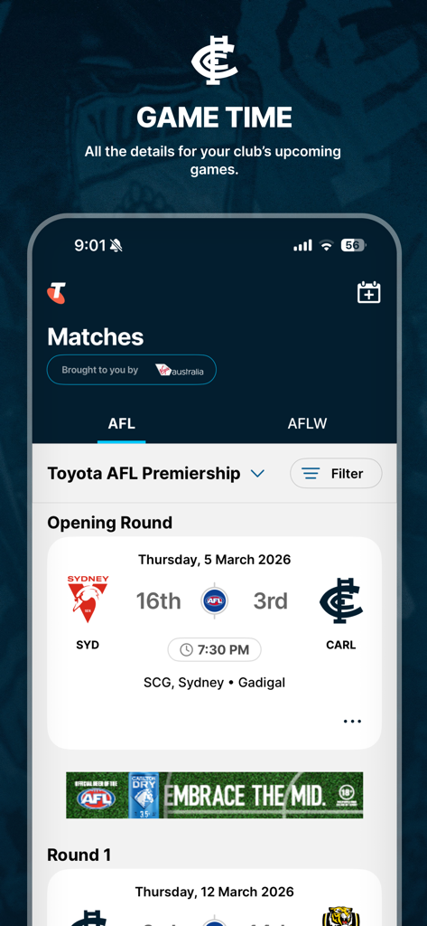Carlton Official App - The matches screen in the Carlton Official App displaying the upcoming AFL game schedule