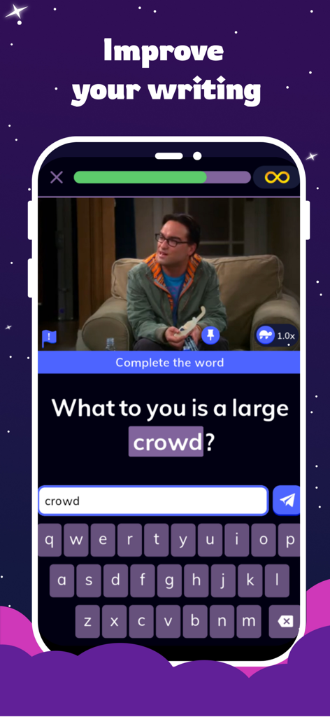 Wordbox English - A writing exercise in the Wordbox English app using a scene from The Big Bang Theory