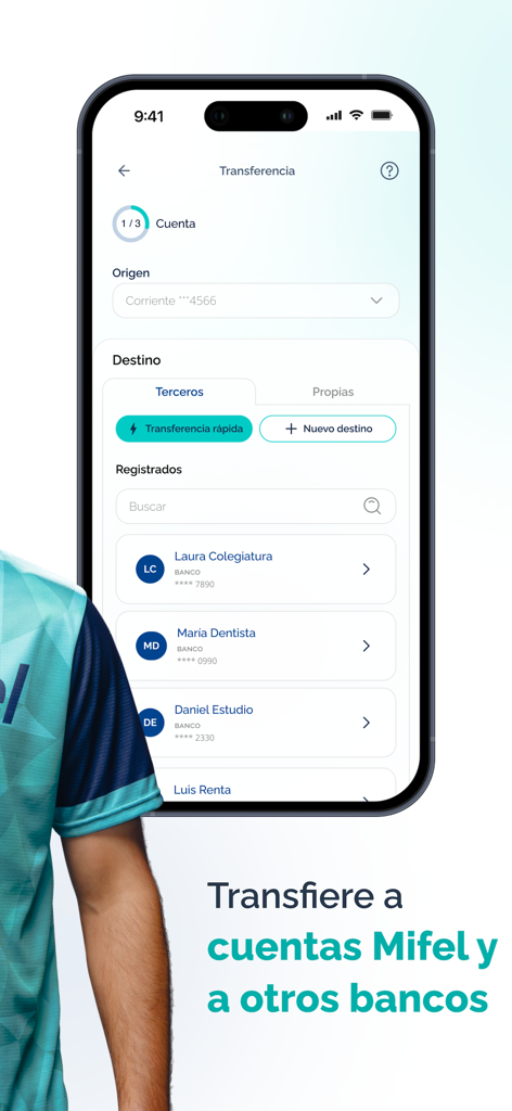 Mifel - Mifel app screen showing options to transfer money to registered contacts and other bank accounts