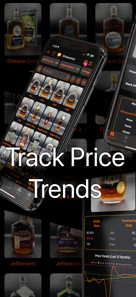 WhiskeyMate app screen displaying whiskey collection and price trend statistics.