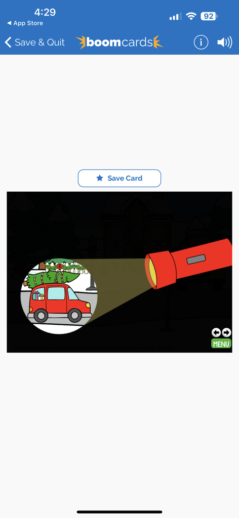 Boom Cards - A digital educational card in the Boom Cards app showing a flashlight revealing a red car with a Christmas tree in the dark