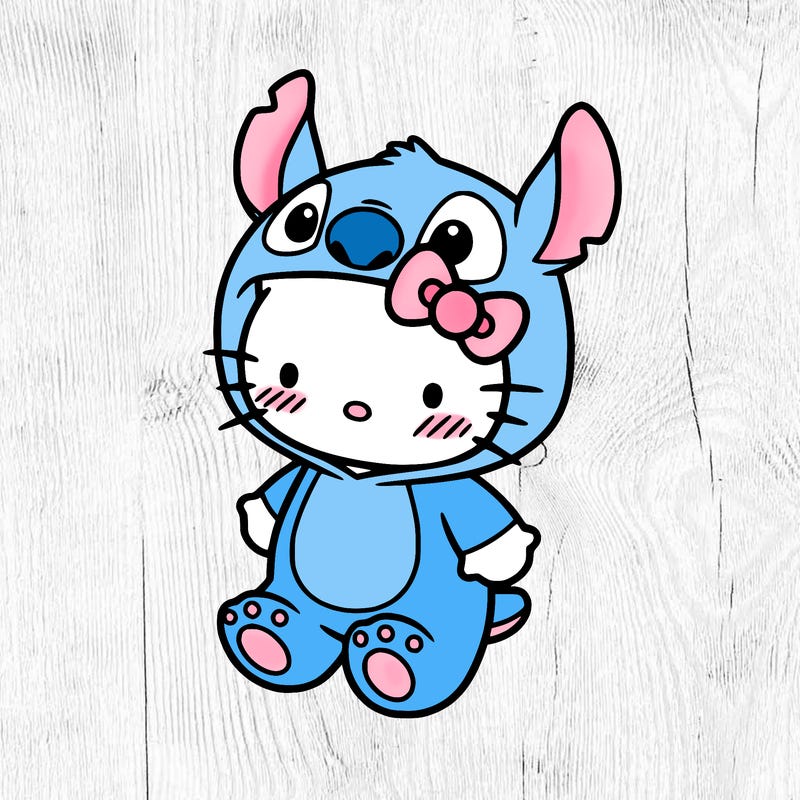 little cute hello kitty, blushing with little stitch costume