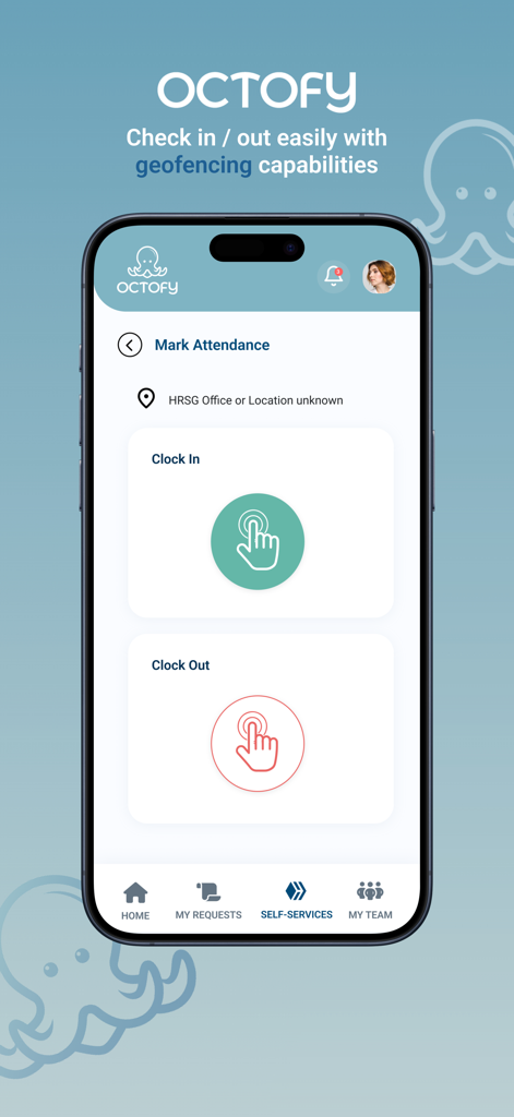 Octofy - Interface do aplicativo móvel Octofy para registrar a presença com botões de entrada e saída e recursos de geofencing.