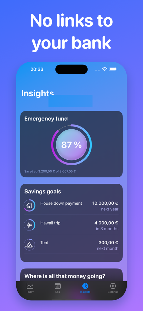 Insights dashboard in Today's Budget app showing emergency fund progress and specific savings goals like a house down payment