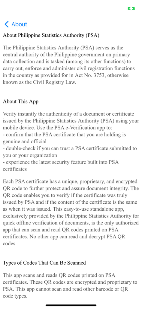 PSA e-Verification - Information screen of the PSA e-Verification app detailing document authenticity verification via QR code scanning.