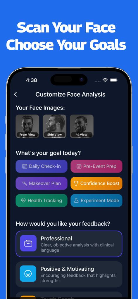 LooksMaxxing: AI Face Rating - Mobile app screen for customizing face analysis with options for goals like makeover plans and feedback styles.