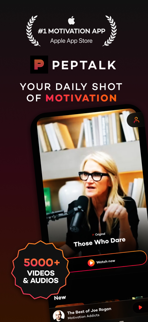 Motivation: daily Peptalk - PepTalk app interface showing motivational videos and audios with a headline for daily motivation
