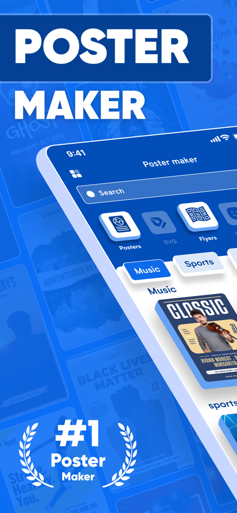 Poster Maker: & Flyer Maker - Interface de l'application Créateur d'affiches montrant divers modèles de conception pour les affiches et les flyers dans différentes catégories.