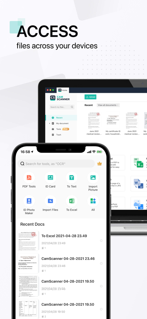 기기 간 파일 동기화를 보여주는 스마트폰 및 노트북에 표시되는 CamScanner 앱 인터페이스