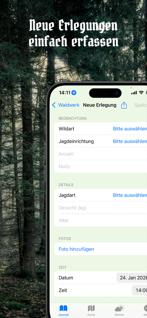 A smartphone screen showing the form to record a new hunting harvest in the Waidwerk app including species and location details