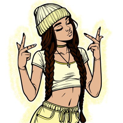 realistic teenage girl with braids and a beanie and crop top doing 🫶🏼