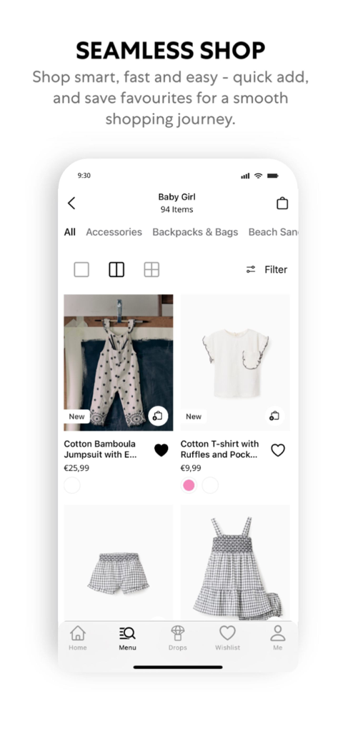 A screenshot of the ZIPPY Kidstore mobile app interface showing a seamless shopping page for baby girl apparel with product images and prices