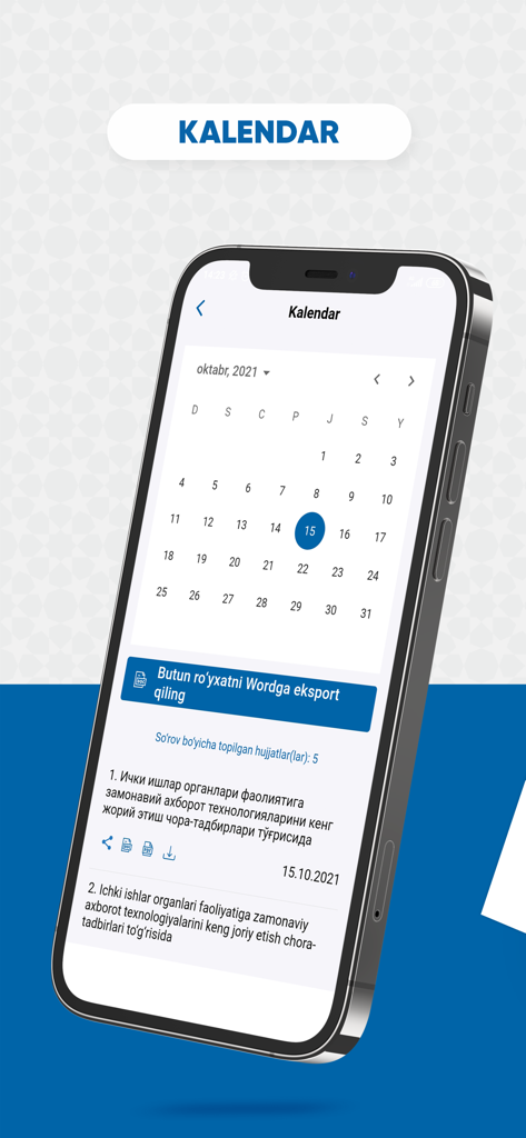 LexUz Mobile App-Bildschirm mit einer Kalenderschnittstelle zum Durchsuchen usbekischer Rechtsdokumente nach Datum