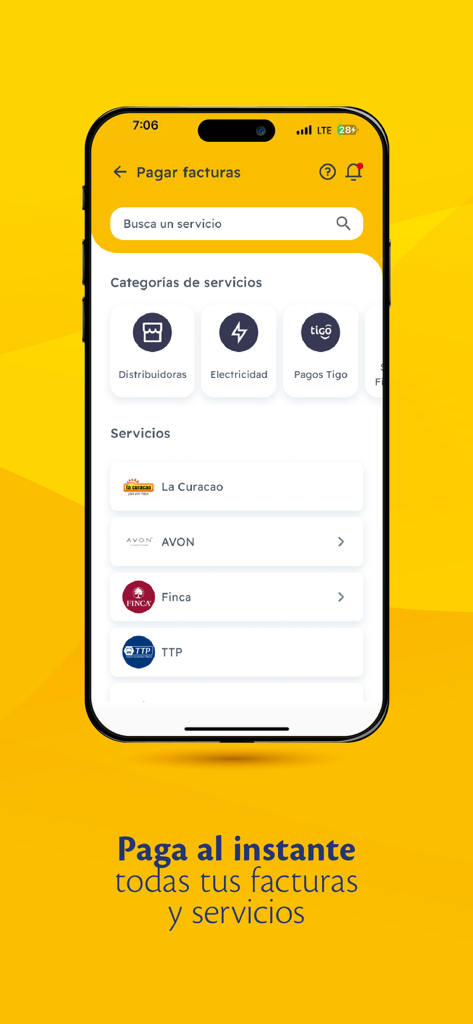 Billetera Tigo Money Guatemala - Interface for paying bills and services in the Tigo Money Guatemala app.
