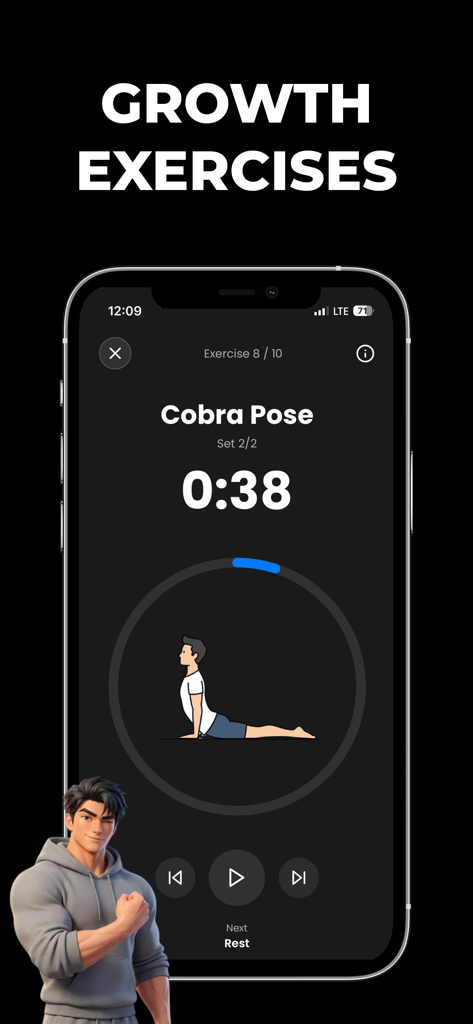 Max Taller: Height Predictor - Max Taller app interface showing a growth exercise session with a countdown timer for the Cobra Pose.