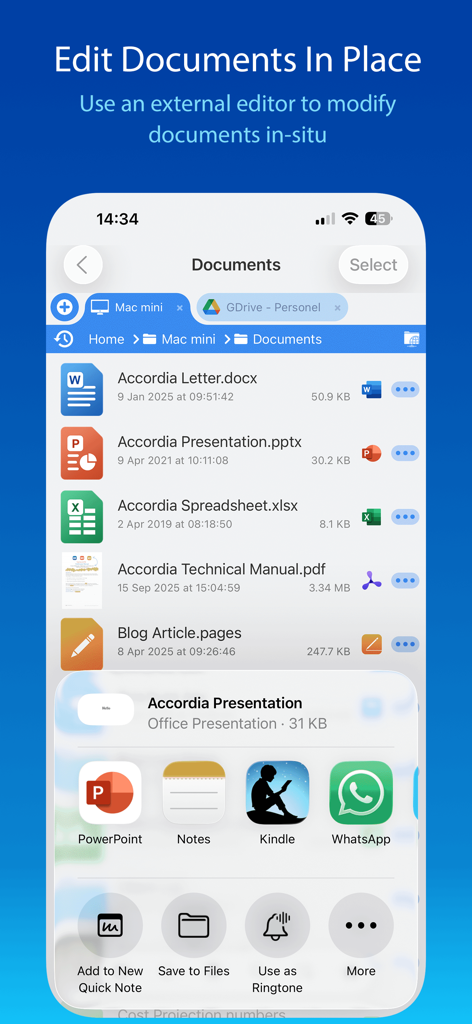 Screenshot of the FileBrowser app interface showing a list of documents with the Edit Documents In Place feature and external app integration