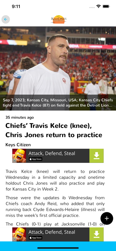 Keys Citizen - Keys Citizen app screen showing a news article about football players Travis Kelce and Chris Jones