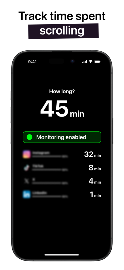 Samir: Scroll Time How Long? - A smartphone screen showing the Samir app dashboard with 45 minutes of total scroll time and a breakdown of usage across Instagram, TikTok, X, and LinkedIn.