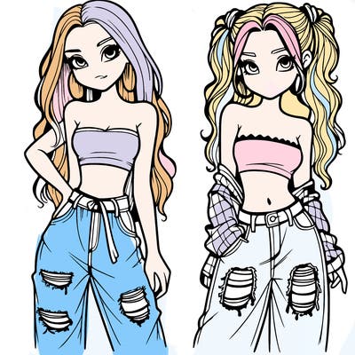 2 girls in crop tops and baggy jeans ripped