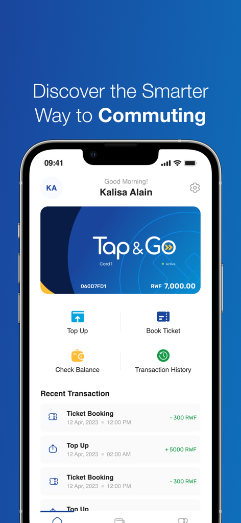 Tableau de bord de l'application mobile Tap and Go affichant une carte de transport numérique avec les transactions récentes et les boutons de navigation pour la recharge et la réservation de billets