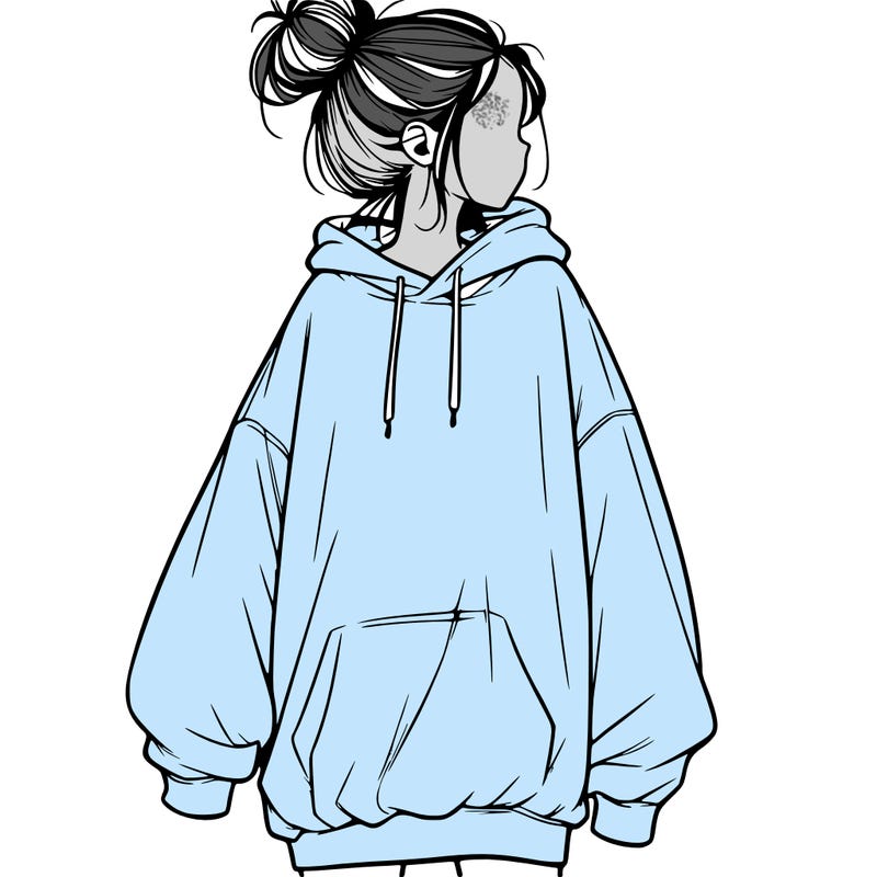 realistic girl with a oversized sweatshirt on and a bun