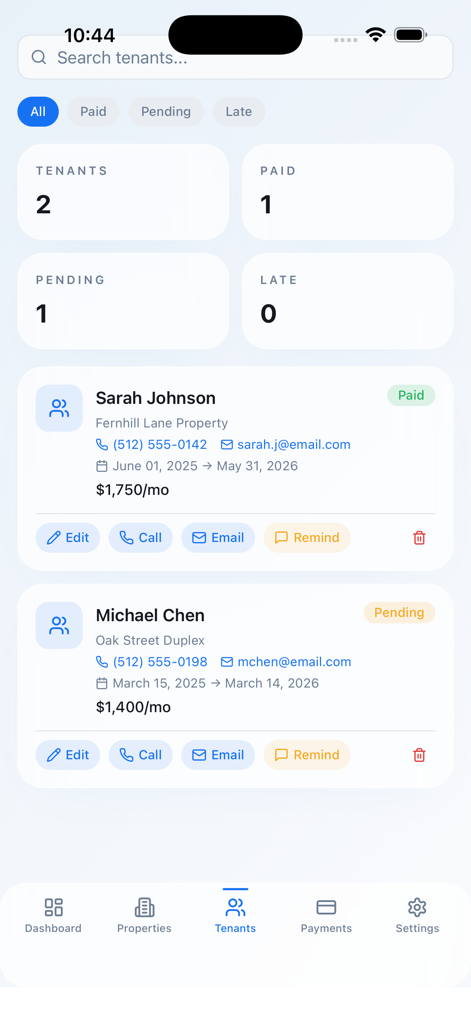 Tenant management screen in the RentWise Manager app showing rental payment status and contact info