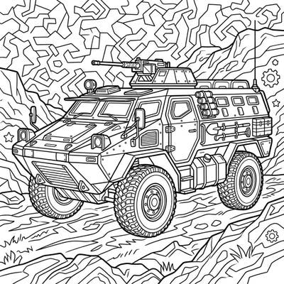 Dive into the world of military might with this intricate armored personnel carrier coloring page. This robust vehicle, designed for combat zones, awaits your creative touch.