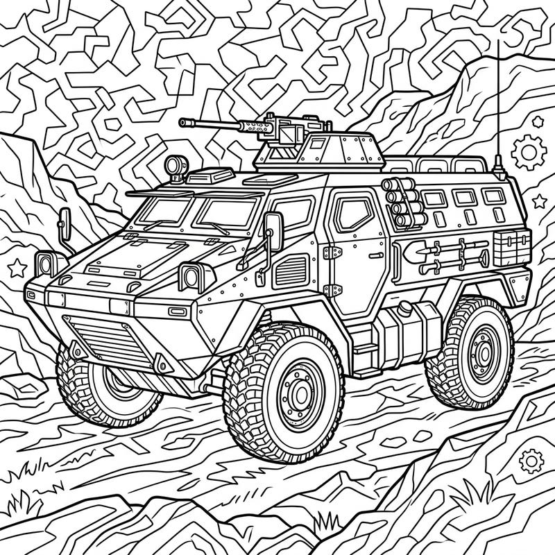 Dive into the world of military might with this intricate armored personnel carrier coloring page. This robust vehicle, designed for combat zones, awaits your creative touch.