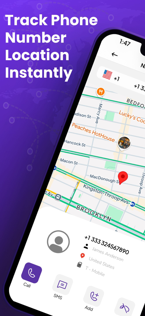 Phone Tracker by Number Lookup - ブルックリンの地図上のピンと、James Andersonの発信者ID詳細が表示された電話番号追跡結果を示すモバイルアプリのインターフェース