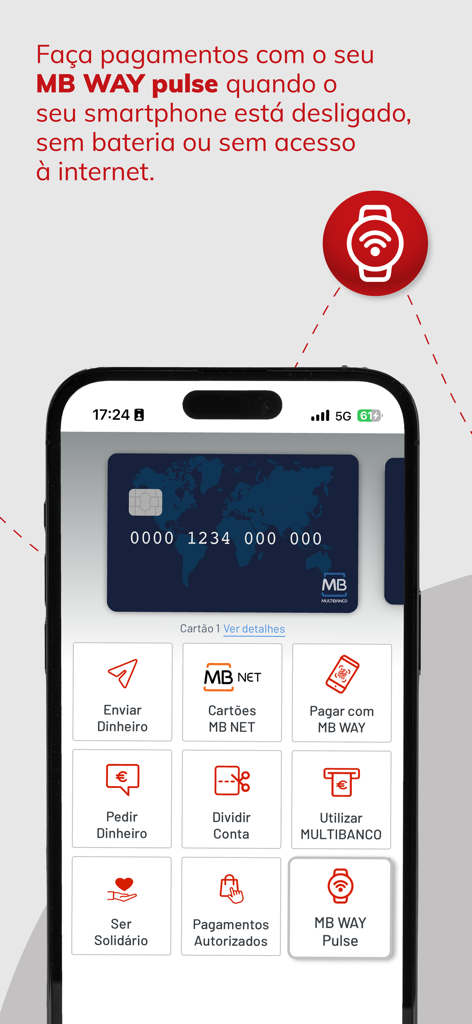 Ecrã de smartphone exibindo o painel da aplicação MB WAY com funcionalidades como transferências de dinheiro e gestão de cartões virtuais