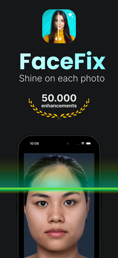 Photo Quality Enhancer FaceFix - FaceFix mobile app intro screen with AI face scanning and professional photo enhancement features