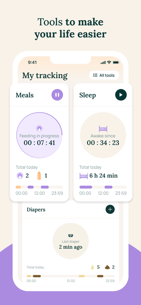 May – Baby, parents - 食事、睡眠、おむつ交換のための赤ちゃん追跡ツールを特徴とするMayアプリのインターフェース