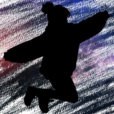 realistic girl jumping with a bun and oversized sweatshirt